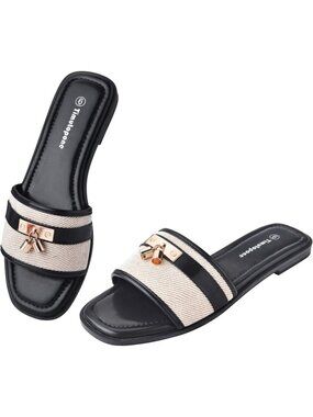 Women's Black Beige Flat Elegant Comfortable Slides Sandal Slip On Slippers